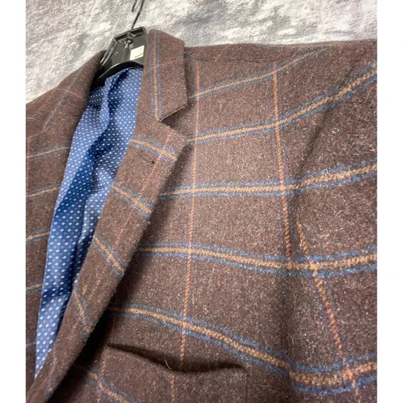 Bachrach Mens 42L Brown Tan Blue Windowpane Wool Blend Sport Coat Jacket